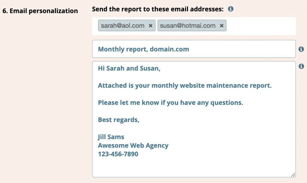 Personalized notification emails for the website report builder 