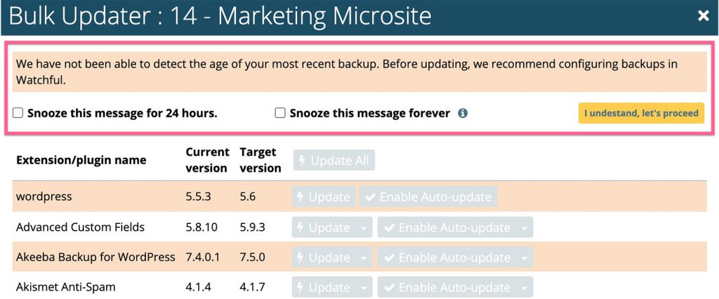 Bulk Updater Backup Warning