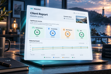 A polished client report dashboard displays Lighthouse website quality scores and historical graphs in a cinematic digital environment.