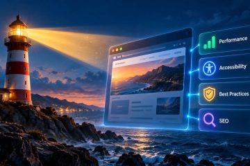 A lighthouse illuminates a digital website monitoring environment with glowing indicators representing performance, accessibility, best practices, and SEO.