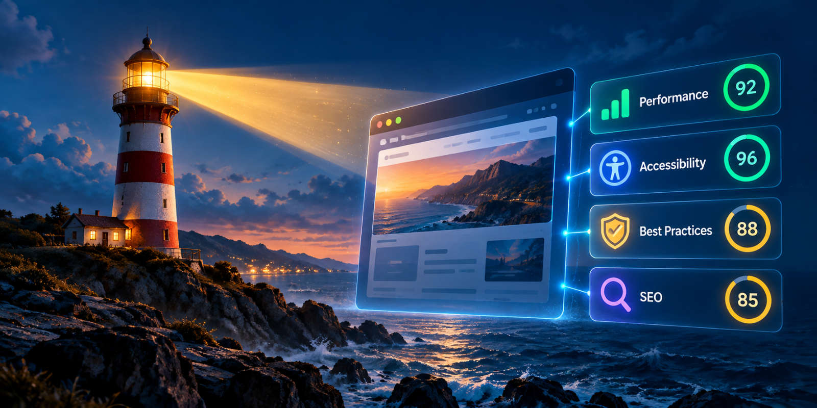 A lighthouse illuminates a digital website monitoring environment with glowing indicators representing performance, accessibility, best practices, and SEO.