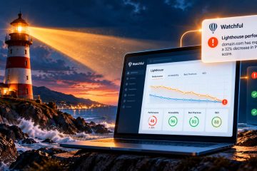 Cinematic lighthouse projecting an amber warning beam across a declining website performance graph, with an illuminated email notification symbol.