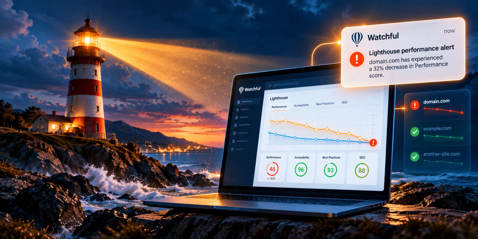 Cinematic lighthouse projecting an amber warning beam across a declining website performance graph, with an illuminated email notification symbol.