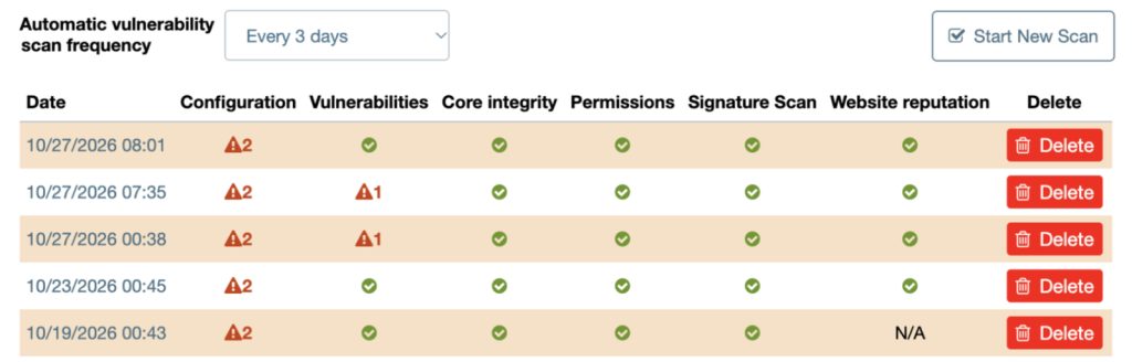 Preview of the Watchful Vulnerability Scan History modal showing the automated scan frequency.