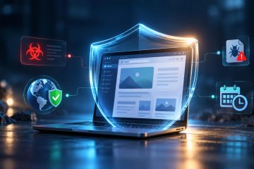 A digital security shield protecting a website from malware, vulnerable software, and online security threats.