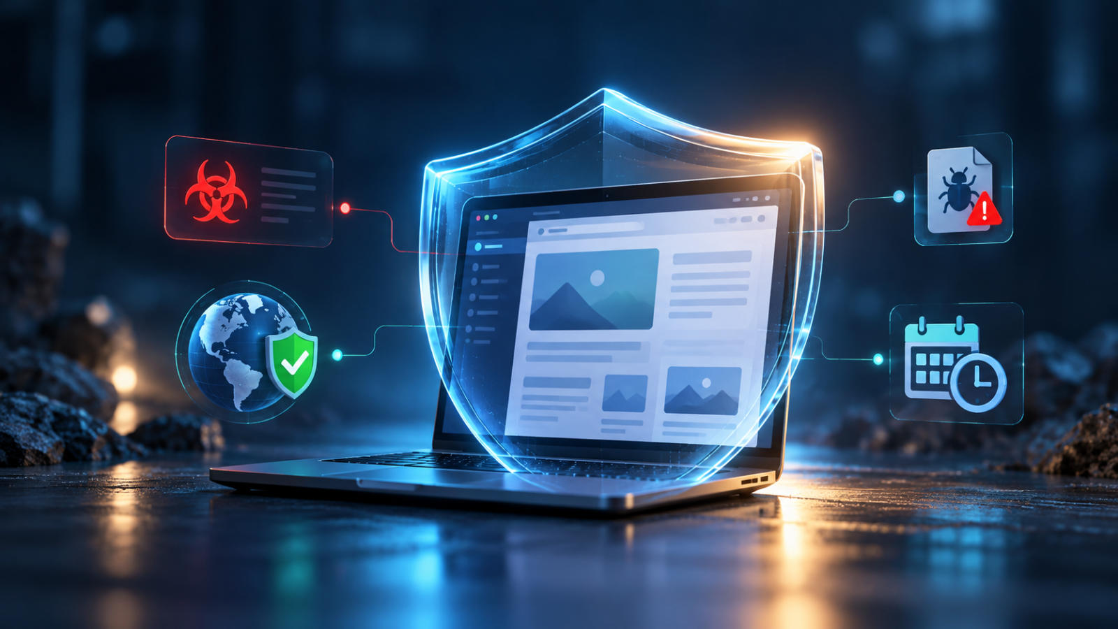 A digital security shield protecting a website from malware, vulnerable software, and online security threats.