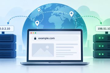Illustration of a website connected to two servers with different IP addresses, representing website IP address changes and DNS routing.