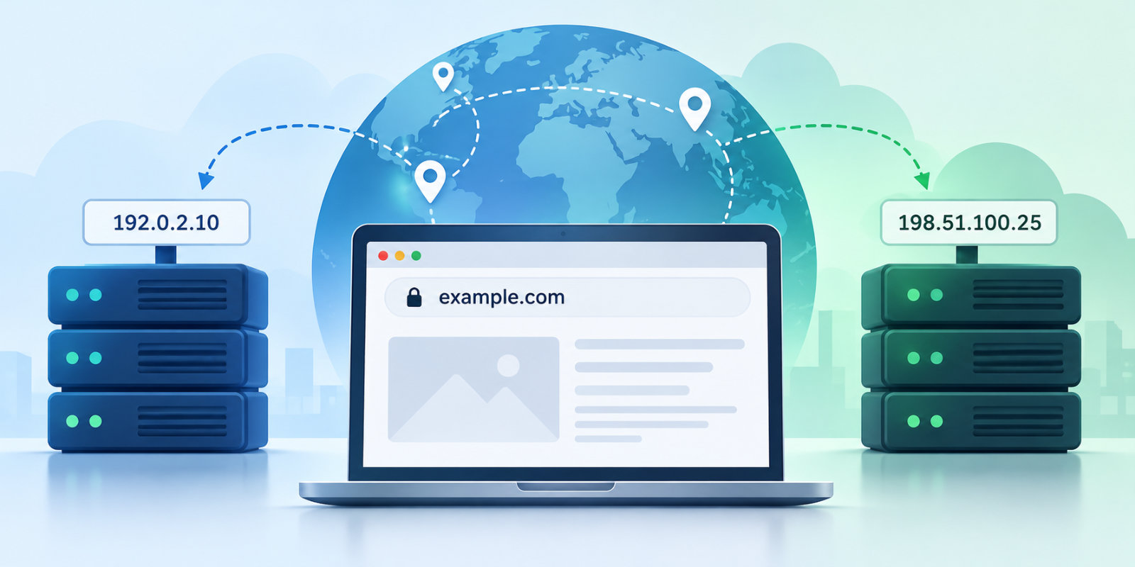 Illustration of a website connected to two servers with different IP addresses, representing website IP address changes and DNS routing.